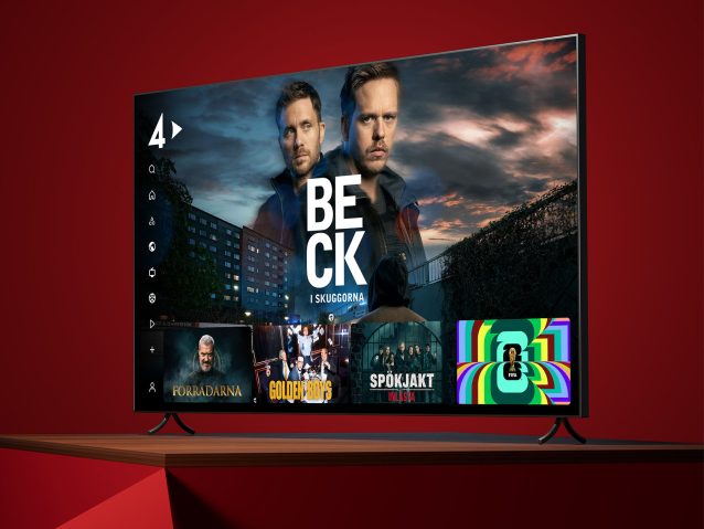 En TV med bild på huvudpersonerna i serien Beck.